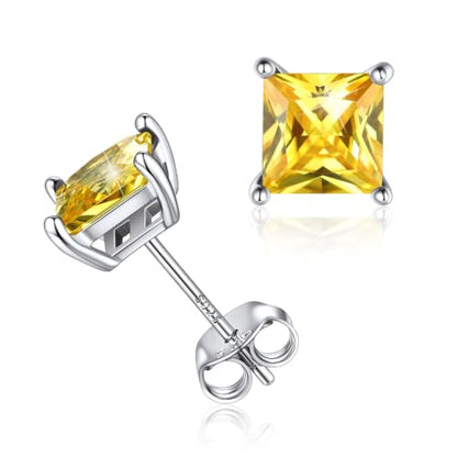 ChicSilver 925 Sterling Silver Earrings Sparkling Heart/Round/Princess Cut Birthstone Earrings for Women Birthday Jewelry with Gift Box - style: A.November(Yellow Topaz)-Princess Cut