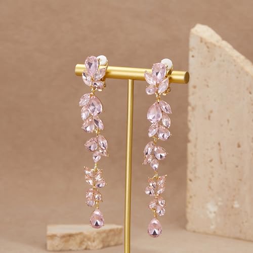 Crysdue Clip On Earrings for Women Rhinestone Crystal Teardrop Cluster Wedding Bridal Non Pierced Long Dangle Earring for Prom Party - color: Light Pink Gold-Tone