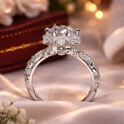 925 Sterling Silver Plated Diamond Ring Hollow Out Flower Ring Cz Simulated Diamond Star Ring Crystal Rings Delicate Everyday Ring for Women (Silver, 10) - size: 10