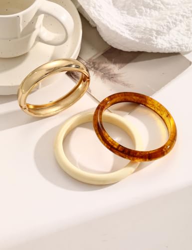 Chunky Gold Bangle Bracelets for Women, Dainty 14k Gold Plated Big Stackable Bangles Set, Trendy Statement Cuff Bracelet Stack Fashion Jewelry Gifts - style: 3 Brown resin bangles