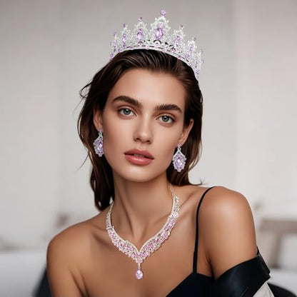 Crowns and Tiaras jewelry sets for Wedding princess birthday party Halloween Prom Pageant Jewelry for Women Crystal Bridal Jewelry Set for women - color: Silver purple