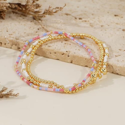 Gold Beaded Bracelet Stack for Women Colorful Small Seed Beads Bracelets Set Boho 14K Gold Plated Ball Stackable Stretch Non-Tarnish Dainty Jewelry Trendy Accessory Friendship Gift - color: pink and white