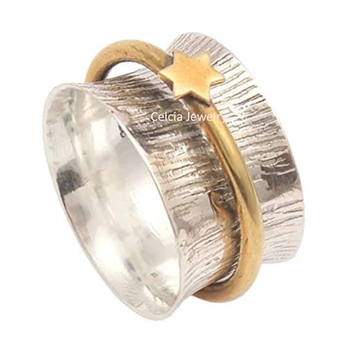 Natural 925 Sterling Silver Spinner Ring, Unisex Band Ring, Outstanding, Meditation, Fidget, Worry, Victorian, Mothers Day Gifts (US size 4) - color: Golden Star