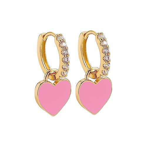 Preppy Love Heart Hoop Earrings for Women Teen Girls Gold Plated Cubic Zirconia CZ Charms Dangle Drop Huggie Small Hoops Cartilage Earring Fashion Colorful Y2K Jewelry Cute Gifts - color: Pink