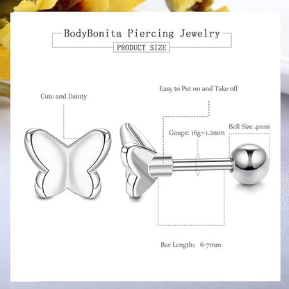 10 Pairs 3mm CZ Stud Earrings Stainless Steel Ball Stud Earrings Barbell Cartilage Flatback Earrings Set for Women Men Helix Piercing Jewelry Silver Gold Rose Gold Black Rainbow - color: Silver Butterfly - 2Pcs