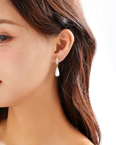 Pearl Earrings for Women, 14k Gold Plated Trendy Diamond Pearl Drop Earrings Bridal Shower Gifts Wedding jewelry for Women - color: Style I Gold