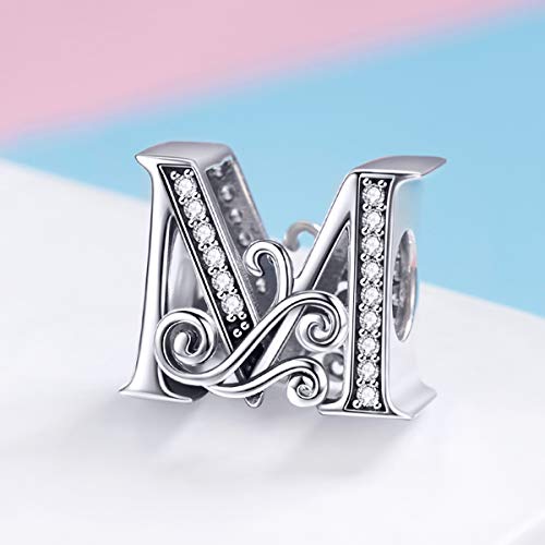 BISAER 925 Sterling Silver Initial Letter A-Z Charms for Bracelets Alphabet Beads Charm Jewelry Gifts - color: Letter M