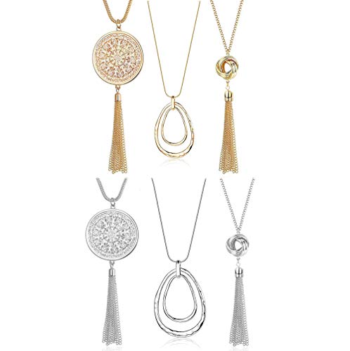 SEVENSTONE 3PCS Long Pendant Necklaces for Women Knot Disk Circle Tassel Statement Sweater Necklace Set - color: 6P