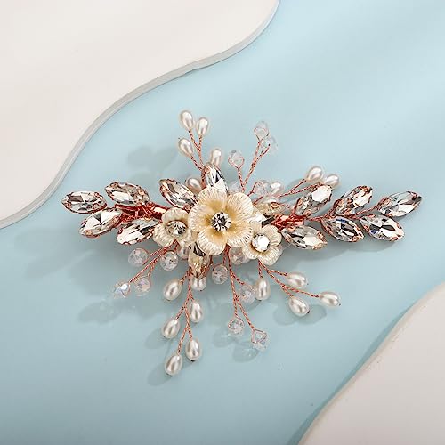 Xerling Rose Gold Rhinestones Crystal Flower Hair Barrettes Clip Boho Bridal Pearl Hair Jewelry Accessories for Women Wedding Floral Headpieces (Rose Gold) - color: Rose Gold