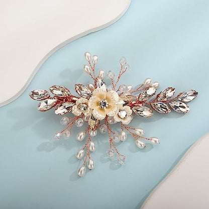 Xerling Rose Gold Rhinestones Crystal Flower Hair Barrettes Clip Boho Bridal Pearl Hair Jewelry Accessories for Women Wedding Floral Headpieces (Rose Gold) - color: Rose Gold