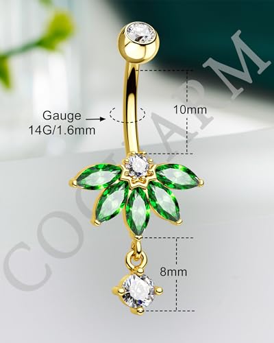 Lotus Belly Button Rings, 14G Dangle Belly Navel Rings for Women, Stainless Steel Belly Navel Piercing Jewelry - color: YGGR-10MM