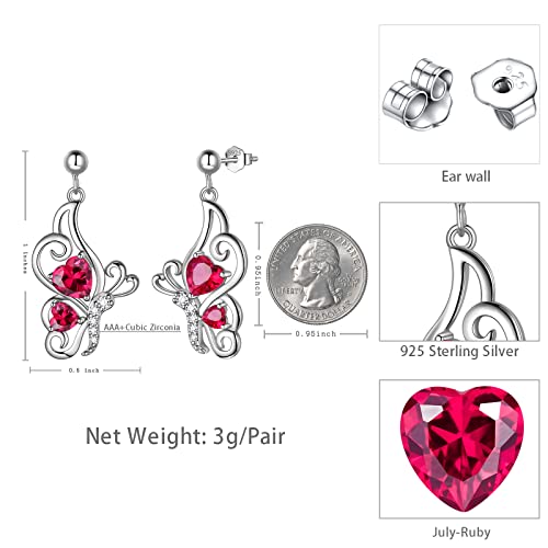 Butterfly Heart Necklace Birthstone Pendant Necklace Earrings Bracelet Women 925 Sterling Silver Animal Butterflies Birthstone Pendant Crystal Birthday Jewelry Wedding Gift - color: G.July-earrings