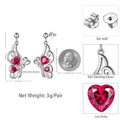 Butterfly Heart Necklace Birthstone Pendant Necklace Earrings Bracelet Women 925 Sterling Silver Animal Butterflies Birthstone Pendant Crystal Birthday Jewelry Wedding Gift - color: G.July-earrings