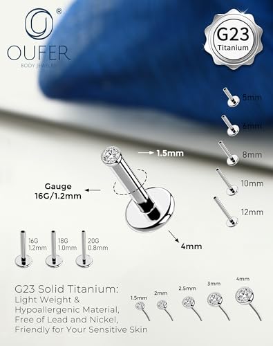 OUFER 2Pcs 20G/18G/16G G23 Titanium Threadless Nose Stud Earrings Flat Back Tiny CZ Small Nose Helix Cartilage Tragus Conch Labret Medusa Monroe Piercing Jewelry for Women Men - color: Silver, size: 2pcs, 16g 6mm, 1.5mm cz