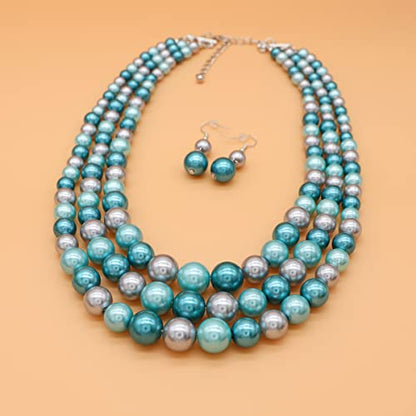 Chunky Layered Imitation Pearl Necklace for Women 3 strand Pearl Necklaces Faux Pearl Necklace Earrings Set 1920s Flapper Gatsby Costume Accessories - color: 3 strand pearl necklace blue grey