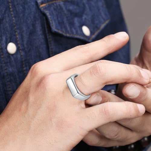 Mens Stainless Steel Plain Signet Rings 4/7/10/14MM Rectangular Pinky Rings | High Polish Classic Blank Thumb Rings, Everyday Comfit Wear, Gift for Men - color: Silver07