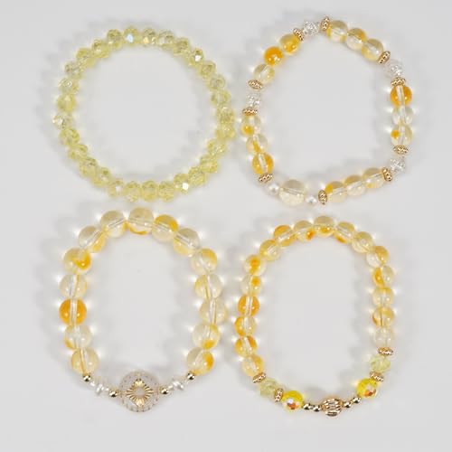 Boho Beaded Bracelet Set for Women - 4 Pcs Multilayer Stackable Crystal Glass Bead Bracelets with Faux Pearl Elastic Stretch Fashion Jewelry for Daily Wear, Beach, Party & Gifts - color: Yellow