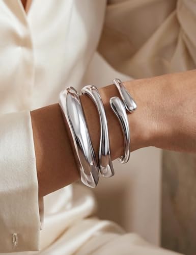 Chunky Gold Bangle Bracelets for Women, Dainty 14k Gold Plated Big Stackable Bangles Set, Trendy Statement Cuff Bracelet Stack Fashion Jewelry Gifts - style: A1-silver