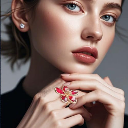 Large Flower Crystal Ring, Crystal Petal Ring, Size Adjustable, Fashion Ladies Must - color: Red