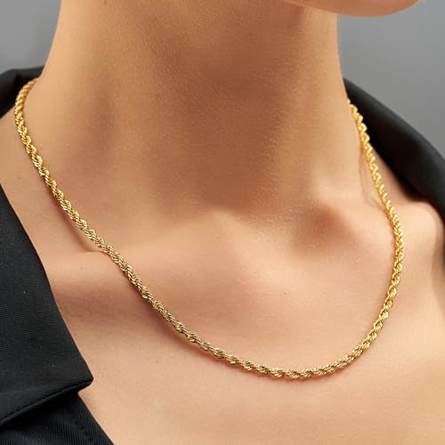 LIFETIME JEWELRY Gold Rope Chain for Men & Women - 24k Gold Necklace - Lifetime Replacement - Diamond Cut Real Gold Plated Chain - Heavy Duty Clasp - 3mm - color: Gold, size: 16 inches