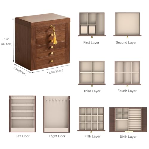 CHOSIN Black Walnut Wooden Jewelry Box for Women with Lock, Mirror, 6 Layer | Lockable wity Key, 5 Drawers, 2 Side Doors, Large Storage for Necklaces, Earrings, Rings, Watches, Brooches, Women Gifts - size: 6 Layer - Full Lock