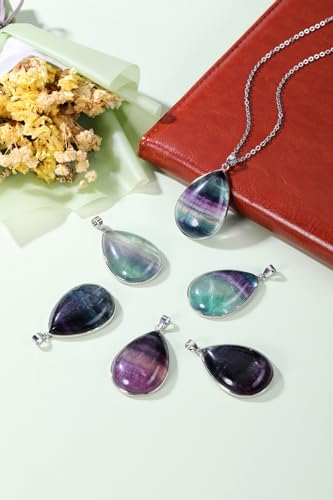 Jovivi Rainbow Fluorite Crystal Teardrop Pendant Necklace Natural Healing Stone Reiki Quartz Gemstone Necklace Jewelry for Women Men