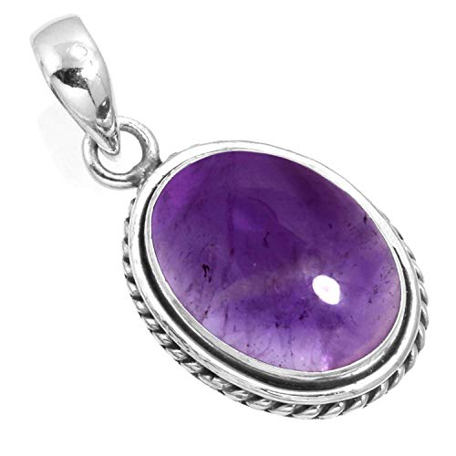 Chunky Natural Gemstone Pendant Necklace For Women Onyx, Turquoise, Amber, Garnet Oval Boho Genuine 925 Sterling Silver Handmade Jewelry - color: Amethyst