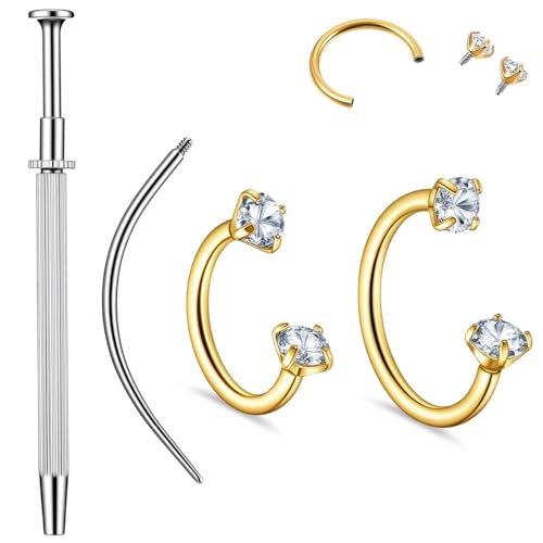 Lusofie 16g Horseshoe Nose Ring with Piercing Changing Tool - Gold Septum Rings Double Gem Surgical Steel Cartilage Helix Tragus Earring Hoop - Lip Ring Labret Piercing Jewelry 8mm 10mm