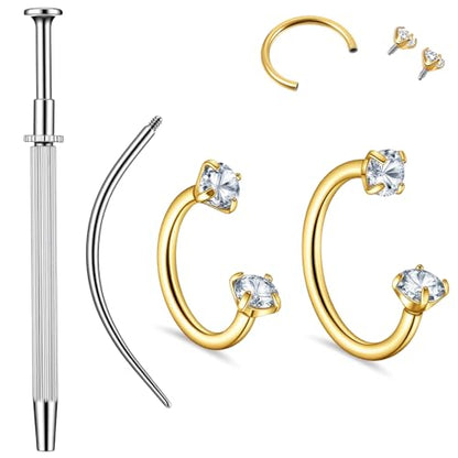 Lusofie 16g Horseshoe Nose Ring with Piercing Changing Tool - Gold Septum Rings Double Gem Surgical Steel Cartilage Helix Tragus Earring Hoop - Lip Ring Labret Piercing Jewelry 8mm 10mm