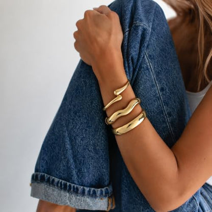 Chunky Gold Bangle Bracelets for Women Trendy 14K Gold Plated Cuff Bracelets Stack, Dainty Gold Bracelet Sets Non Tarnish Fashion Jewelry Gift - style: Gold-3pc-007