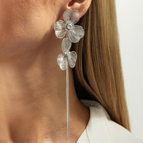 Gold Flower Tassel Dangle Earrings for Women,Boho Chunky Floral Long Fringe Statement Earring,Fashion Spring Jewelry Party Prom Accessories - color: Silver