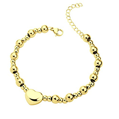 555Jewelry Stainless Steel Beads & Puffed Heart Charm Bracelet for Women & Ladies - color: Gold