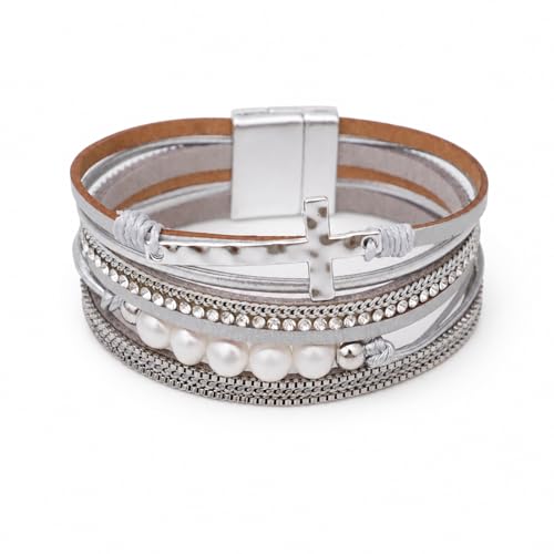 Vercret Leather Wrap Bracelet for Women, Multi-Layer Cuff Bangle | Boho Stacked Bracelets with Safe Clasp Western Bangle Jewelry Gift for Lady and Mom Sister Friend - style: Sliver
