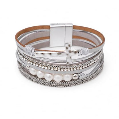 Vercret Leather Wrap Bracelet for Women, Multi-Layer Cuff Bangle | Boho Stacked Bracelets with Safe Clasp Western Bangle Jewelry Gift for Lady and Mom Sister Friend - style: Sliver