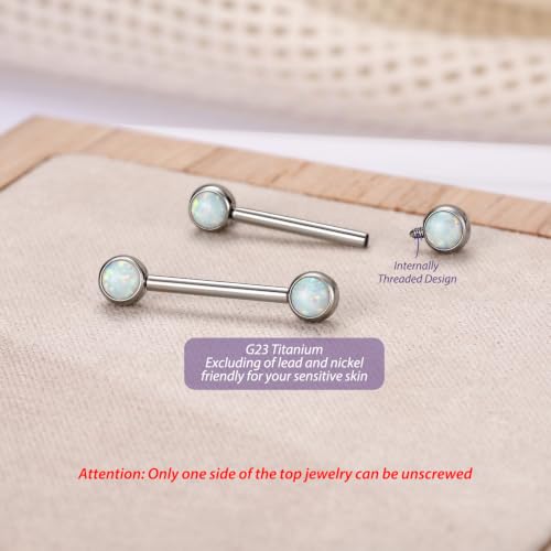 FUNLMO 2pcs Nipple Piercing Jewelry Titanium Nipple Rings Internally Threaded Tongue Rings Bridge Piercing Jewelry Nipple Barbells 14G 12-20mm - color: Silver,White Opal