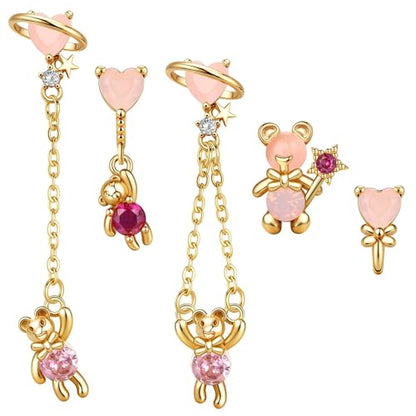Sterling Silver Earrings Stacks for Women, Hypoallergenic Cartilage Earring | Dainty Stud Huggie Hoop Dangle Chain Earrings, 14K Gold/White Gold Plated - color: 5Pcs Dangle Pink Bear(Single Earring Not a Pair)