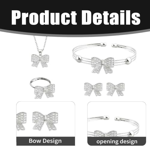 1 Set 4 Pcs Bow Jewelry Set Silver-tone Rhinestone Adjustable Bow Necklace, Earrings, Bracelet, Ring for Women, Party, Daily - color: Sliver