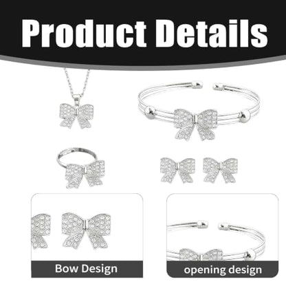 1 Set 4 Pcs Bow Jewelry Set Silver-tone Rhinestone Adjustable Bow Necklace, Earrings, Bracelet, Ring for Women, Party, Daily - color: Sliver