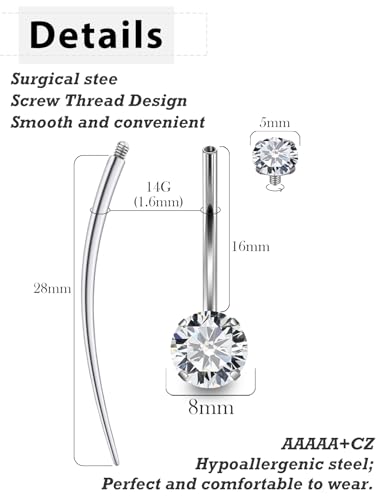 Long & Extra Long Bar Belly Button Ring Internal Thread Hypoallergenic Surgical Stainless Steel 14mm 16mm 14 Gauge Navel Rings Cubic Zirconia Buuton Body Piercing Jewelry for Women Men - color: Silver-Tone 16mm