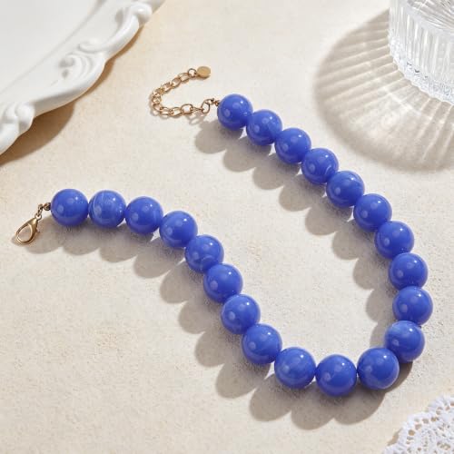 Chunky Beaded Necklace for Women Trendy Boho Collar Statement Necklace Large Round Resin Beads Choker Necklaces Summer Beach Jewelry Gifts - color: Royal Blue