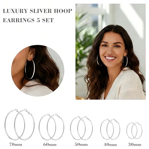 6 Pairs Gold Silver Hoop Earrings for Women 14K Gold Plated 316 Hypoallergenic Stainless Steel Lightweight Large Small Hoops Women Earrings 30/40/50mm Set - color: 5 Pairs Silver-30/40/50/60/70mm