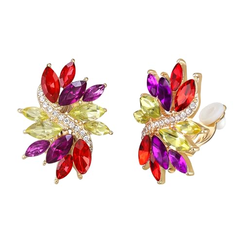 Flyonce Rhinestone Clip On Stud Earrings for Women, Glitter Marquise Crystal Wedding Party Vintage Statement Non Pierced Earring for Brides Bridal Cocktail Prom Jewelry Silver-Tone - color: Multicolor Gold-Tone