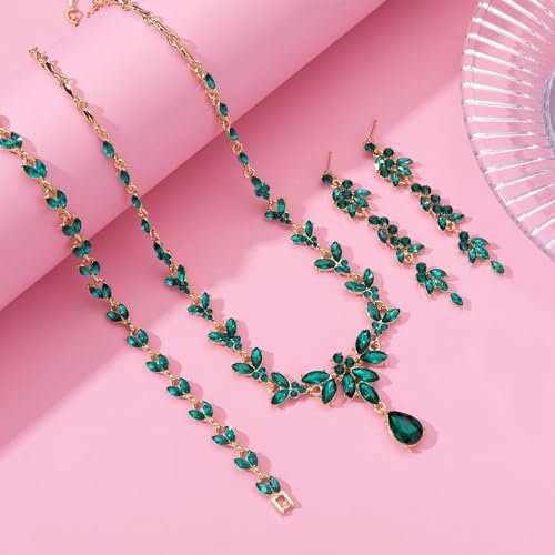 Paxuan Wedding Jewelry Sets for Bride Bridesmaid Bridal Jewelry Set for Women Wedding Crystal Necklace Earrings Bracelet Set for Party Prom Jewelry - color: Emerald Green - Gold