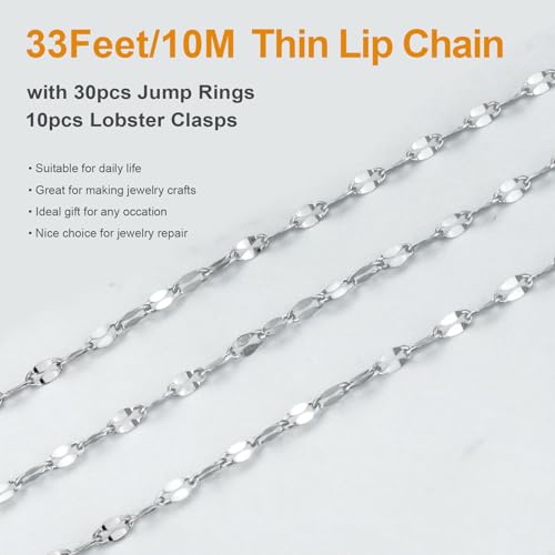 Kyutong Small Necklace Chain for Jewelry Making Stainless Steel Cable Link | 10 Meters Thin Craft Chain on Bulk Stainless Steel Jewelry Making Supplies with Lobster Clasps Jump Ring for Crafting - color: Silver Lip