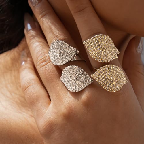 Rhinestone Finger Ring for Women Sparkly Crystal Butterfly Flower Leaf Adjustable Statement Chain Rings Punk Jewelry - color: Leaf G
