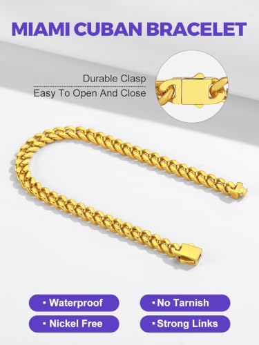 Richsteel Gold/Black/Silver Cuban Link Bracelet for Men,5/7/9/12MM Width | 316L Stainless Steel Chain Wrist Bracelet, Waterproof, No Tarnish, Hypoallergenic Hip Hop Jewelry, with Gift Box - color: 02-Gold Plated 5mm Width