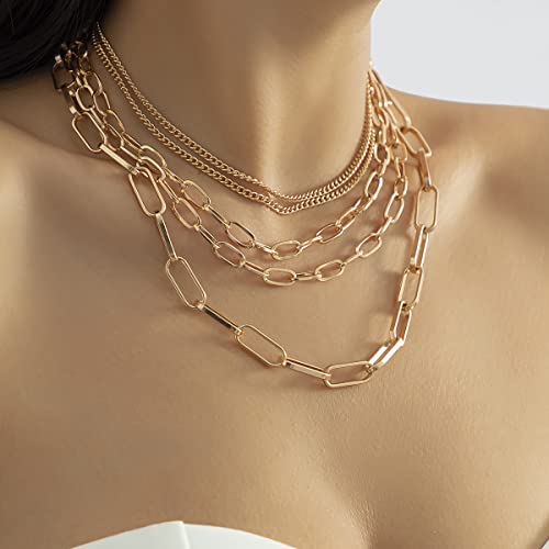 Layered Chain Necklaces for women 18 Inch Gold Plated Paperclip Chain Silver Tone Choker Necklace Rope Ball Chains Punk Jewelry - style: Gold 5-layer Chains