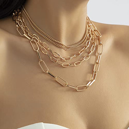 Layered Chain Necklaces for women 18 Inch Gold Plated Paperclip Chain Silver Tone Choker Necklace Rope Ball Chains Punk Jewelry - style: Gold 5-layer Chains