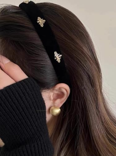 TERSE Black Velvet Headband with White Pearl Accents - Cute Vintage Designer Hair Accessory for Women's Holiday Fashion - color: black