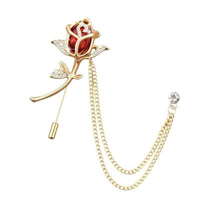 Crystal Rhinestone Flower Brooch Pin Rose Lapel Pins for Men Hanging Chain Brooch Suit Pin Mens Flower Lapel Pins for Suits - color: Red